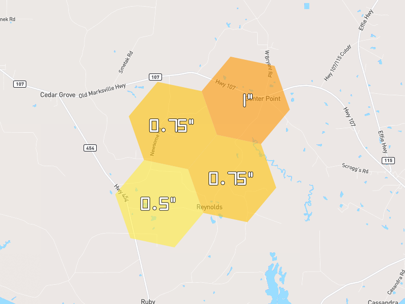 Hail map of Pineville, LA on Jun 2, 2026, hail up to 1"