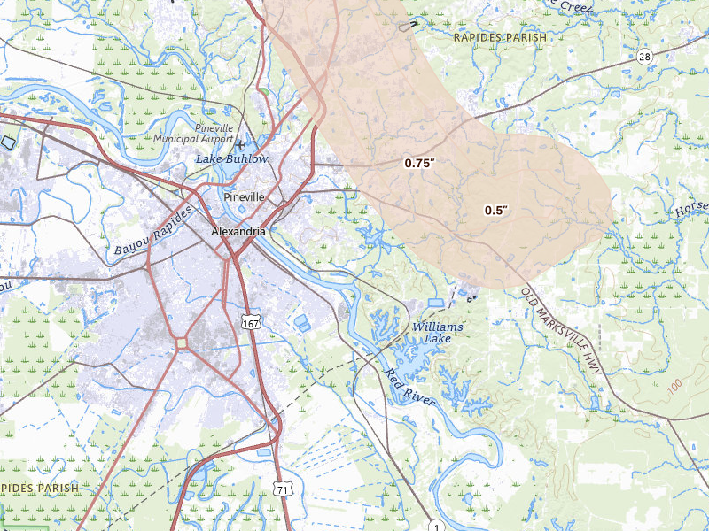 Radar-estimated hail-size map of the storm over Pineville, LA on Aug 21, 2026