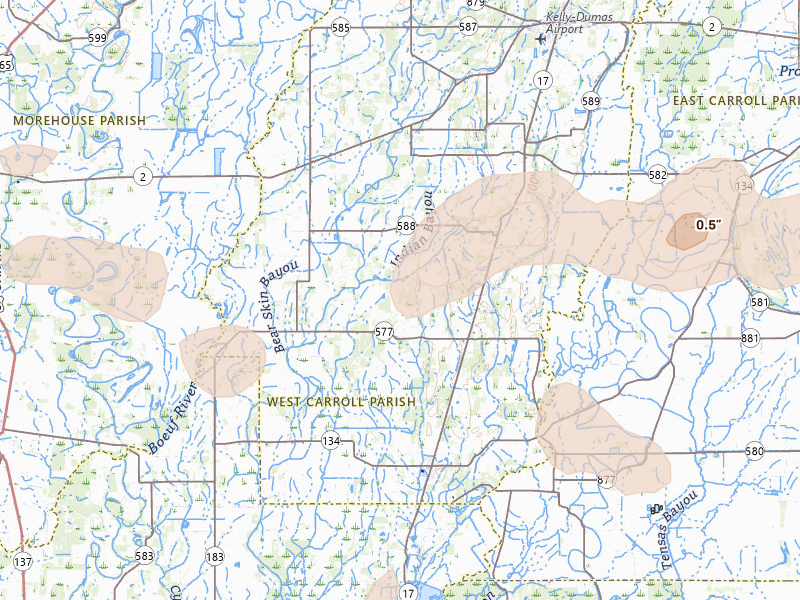 Radar-estimated hail-size map of the storm over Pioneer, LA on May 22, 2026