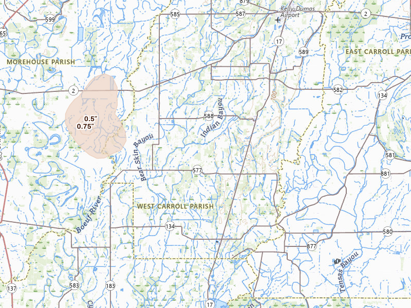 Radar-estimated hail-size map of the storm over Pioneer, LA on Jul 4, 2026