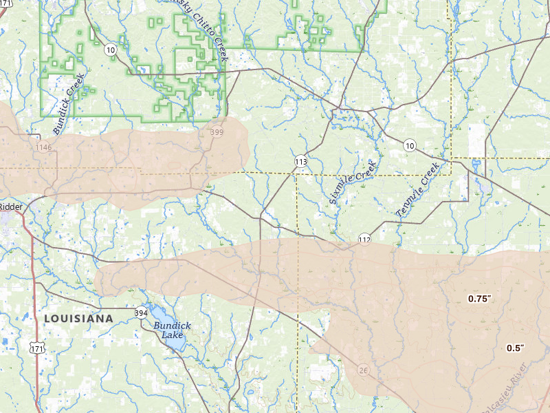 Radar-estimated hail-size map of the storm over Pitkin, LA on Mar 15, 2026