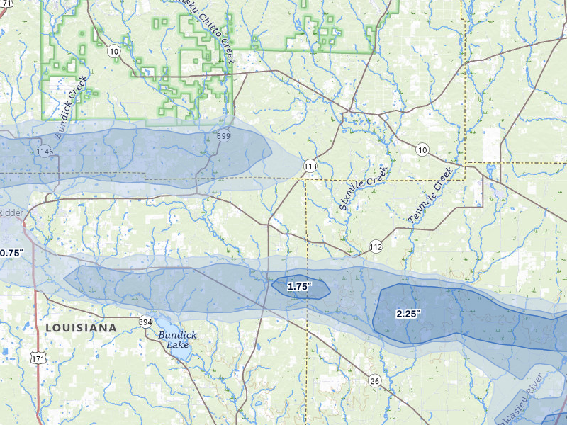 NEXRAD radar-signature map of the hail over Pitkin, LA