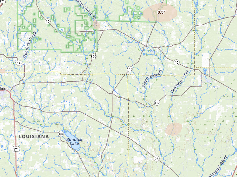 Radar-estimated hail-size map of the storm over Pitkin, LA on Jul 5, 2026