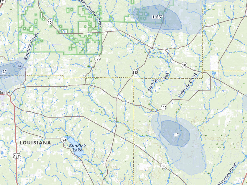 NEXRAD radar-signature map of the hail storm over Pitkin, LA on Jul 5, 2026
