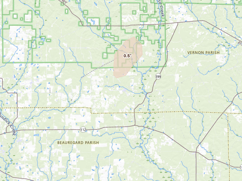 Radar-estimated hail-size map of the storm over Pitkin, LA on Aug 21, 2026
