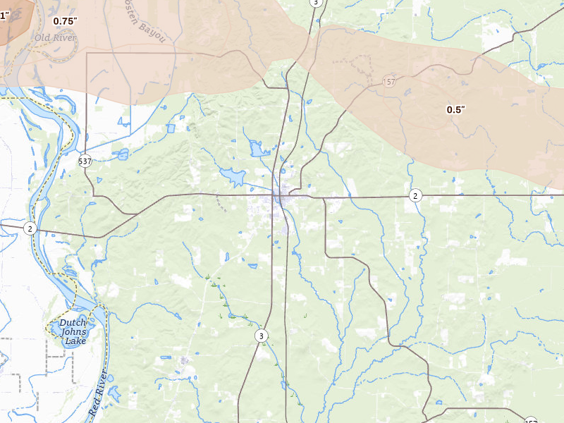 Radar-estimated hail-size map of the storm over Plain Dealing, LA on Apr 29, 2026