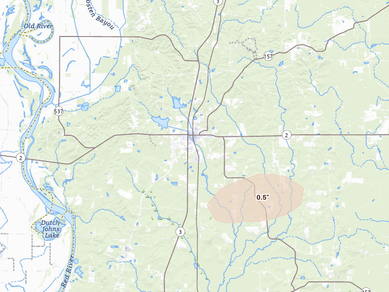 Radar-estimated hail-size map of the storm over Plain Dealing, LA on May 9, 2026