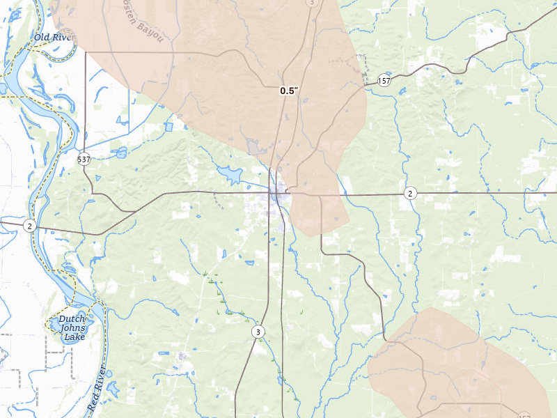Radar-estimated hail-size map of the storm over Plain Dealing, LA on Jun 22, 2026