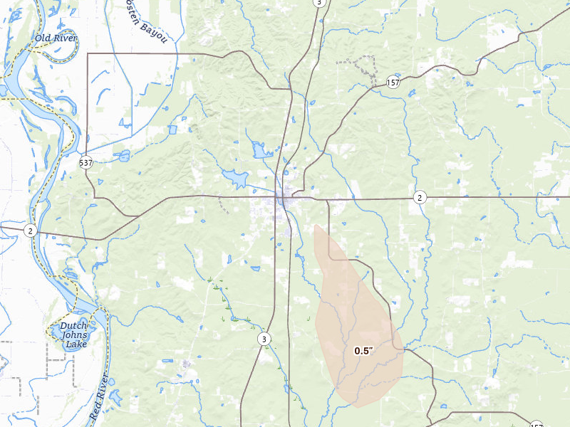 Radar-estimated hail-size map of the storm over Plain Dealing, LA on Jun 24, 2026