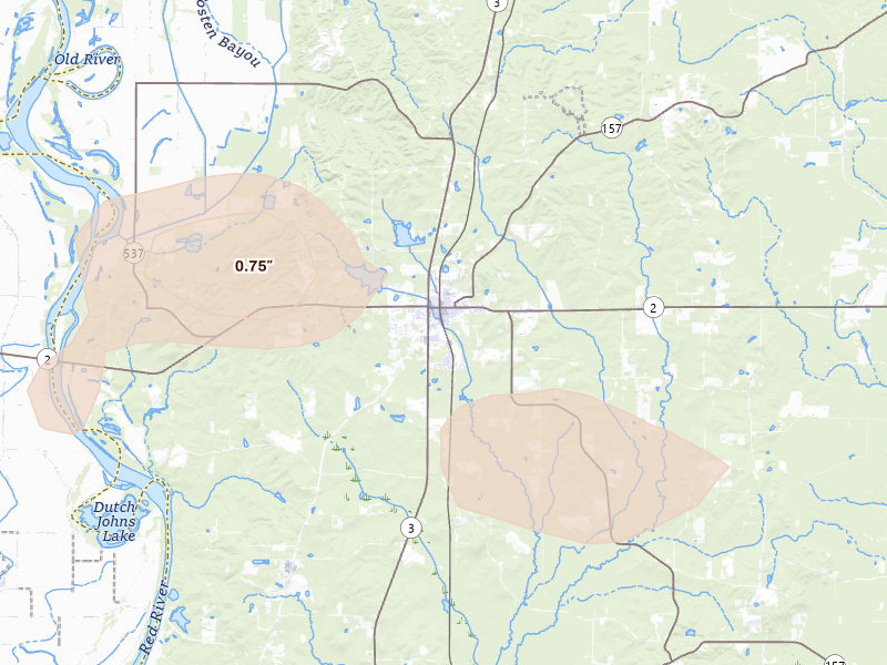 Radar-estimated hail-size map of the storm over Plain Dealing, LA on Jul 6, 2026