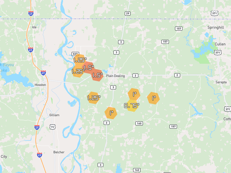 Hail map of Plain Dealing, LA on Jul 6, 2026, hail up to 1.5"