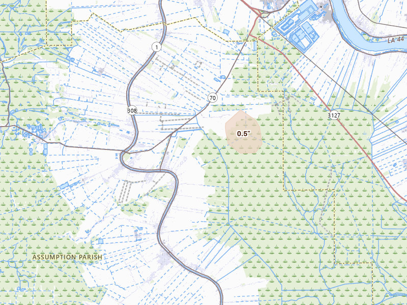 Radar-estimated hail-size map of the storm over Plattenville, LA on Jul 3, 2026