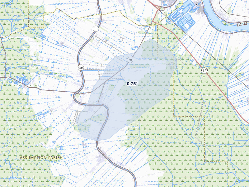 NEXRAD radar-signature map of the hail storm over Plattenville, LA on Jul 3, 2026