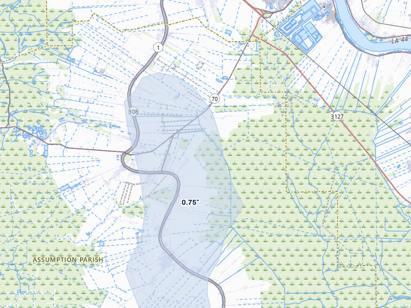 NEXRAD radar-signature map of the hail storm over Plattenville, LA on Jul 5, 2026