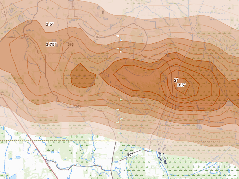 Radar-estimated hail-size map of the storm over Plaucheville, LA on May 8, 2026