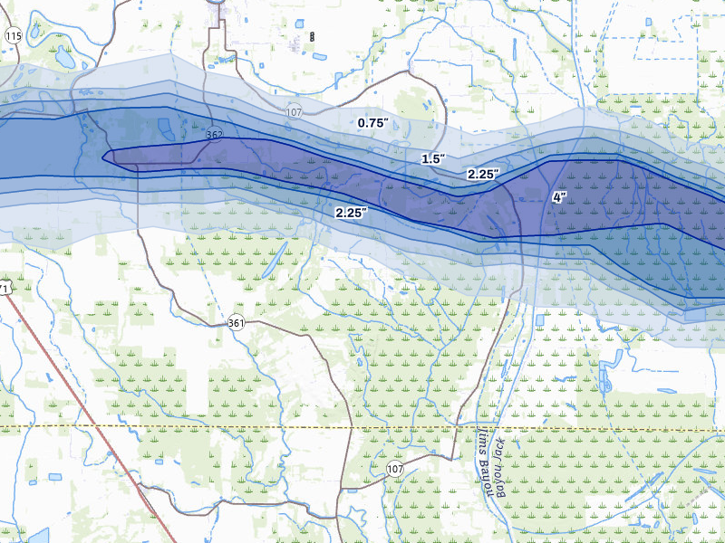 NEXRAD radar-signature map of the hail storm over Plaucheville, LA on May 8, 2026