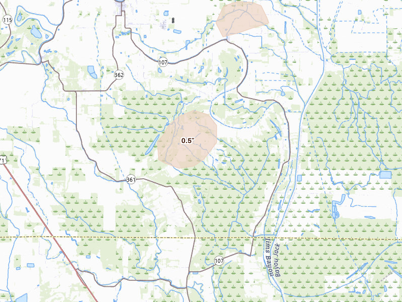 Radar-estimated hail-size map of the storm over Plaucheville, LA on Jun 18, 2026