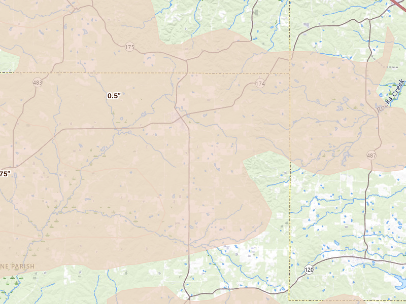 Radar-estimated hail-size map of the storm over Pleasant Hill, LA on Mar 15, 2026