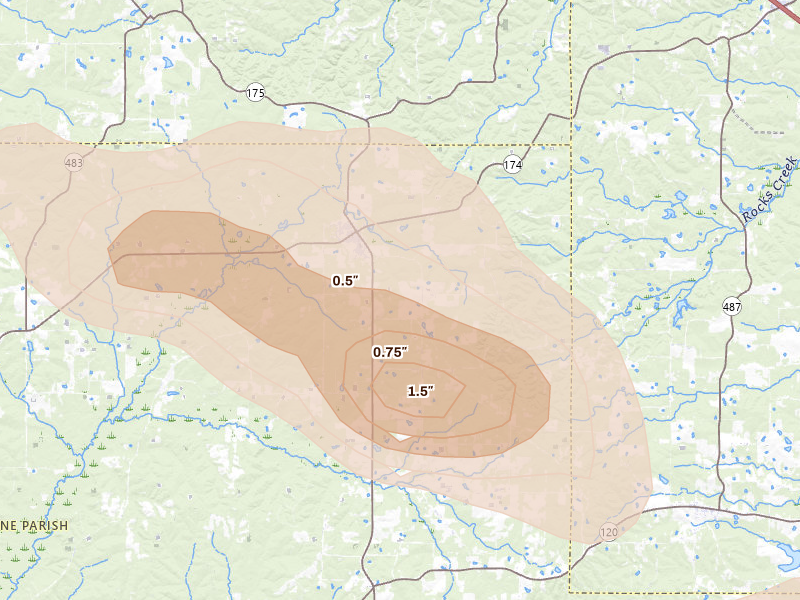 Radar-estimated hail-size map of the storm over Pleasant Hill, LA on May 10, 2026