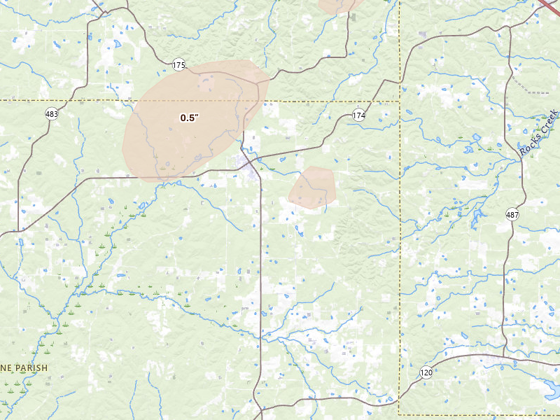 Radar-estimated hail-size map of the storm over Pleasant Hill, LA on Jun 20, 2026