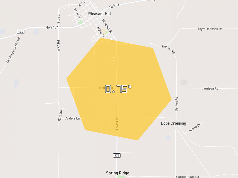 Hail map of Pleasant Hill, LA on Jul 12, 2026, hail up to 0.75"