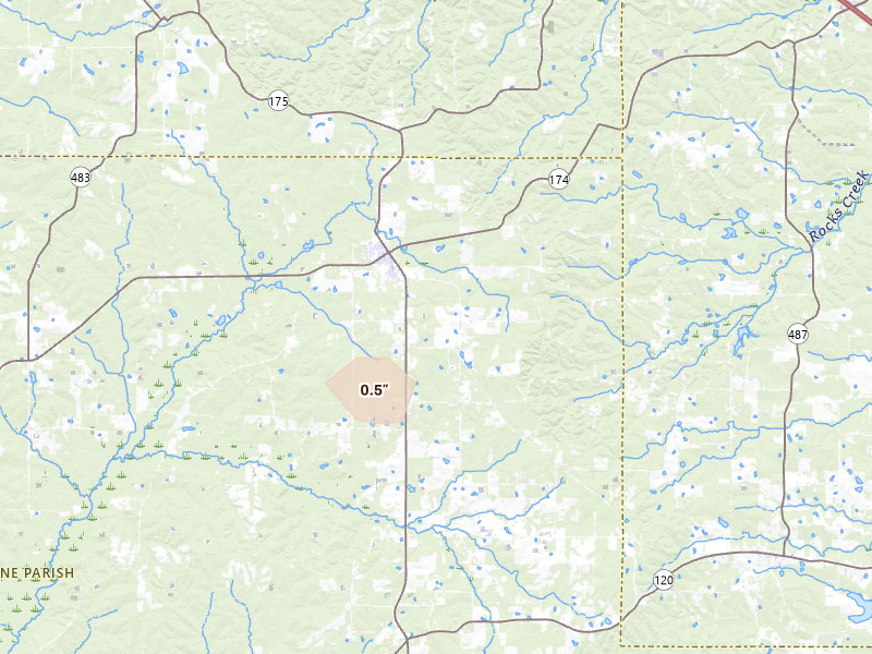 Radar-estimated hail-size map of the storm over Pleasant Hill, LA on Aug 5, 2026