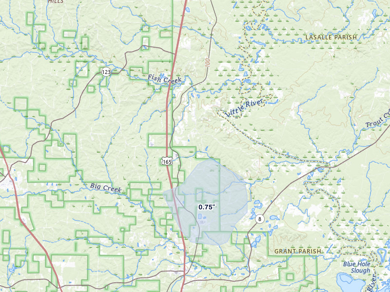 NEXRAD radar-signature map of the hail storm over Pollock, LA on Mar 7, 2026
