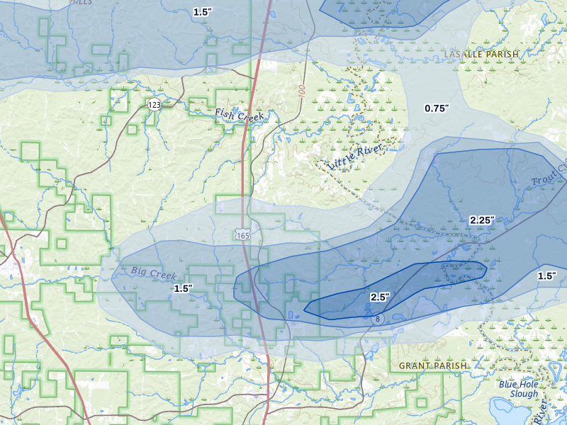 NEXRAD radar-signature map of the hail over Pollock, LA