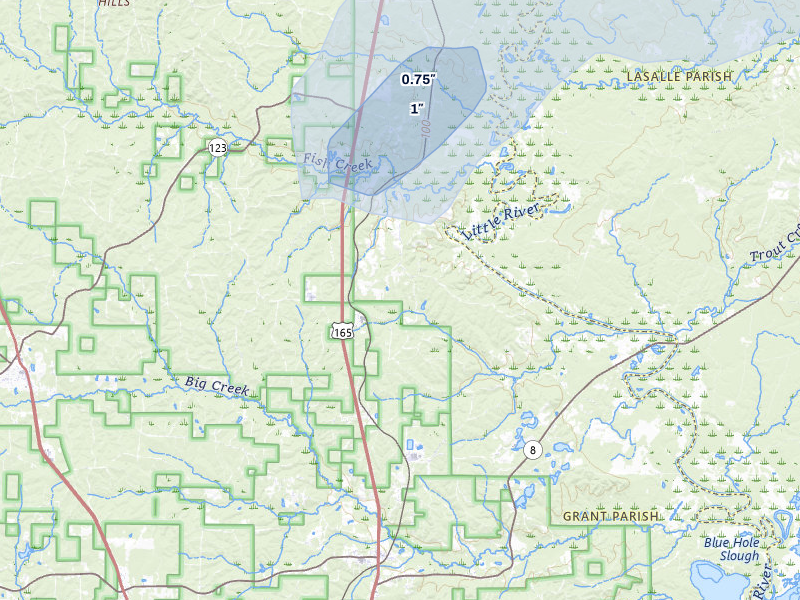 NEXRAD radar-signature map of the hail storm over Pollock, LA on Jul 6, 2026