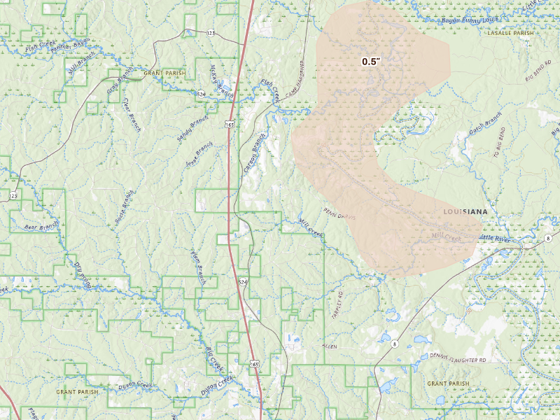 Radar-estimated hail-size map of the storm over Pollock, LA