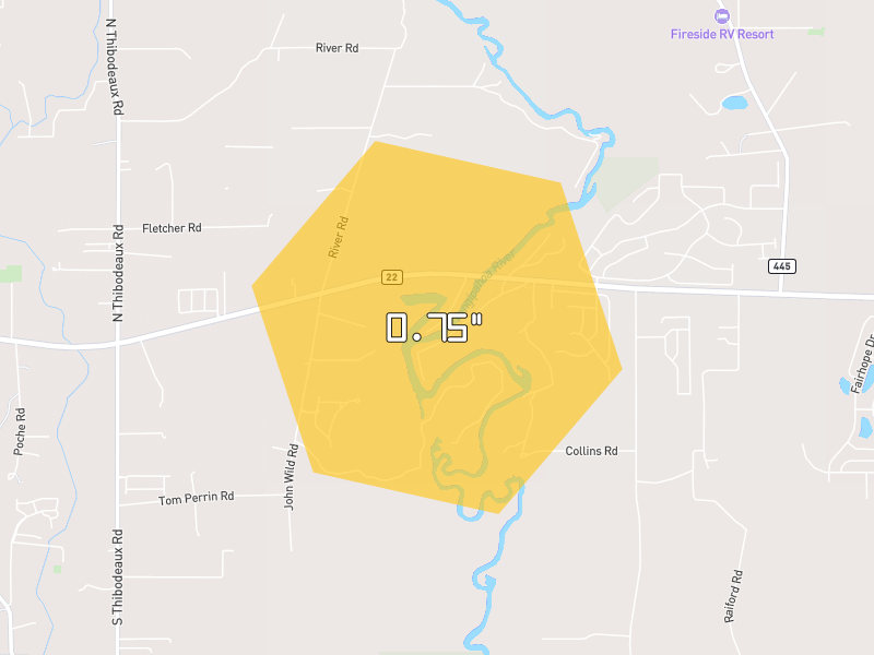 Hail map of Ponchatoula, LA on Jun 2, 2026, hail up to 0.75"