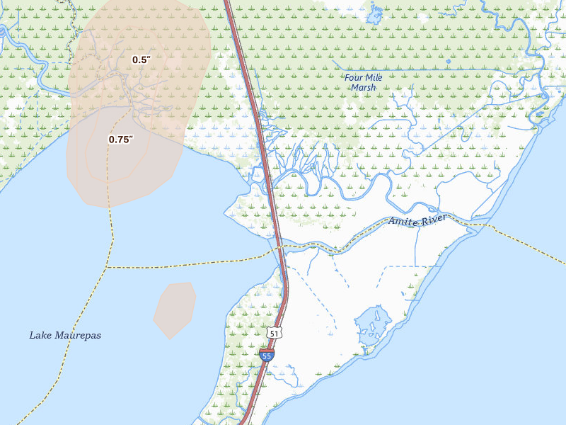 Radar-estimated hail-size map of the storm over Ponchatoula, LA on Jul 5, 2026