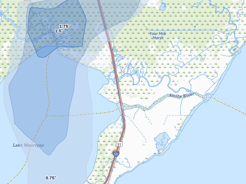 NEXRAD radar-signature map of the hail storm over Ponchatoula, LA on Jul 5, 2026