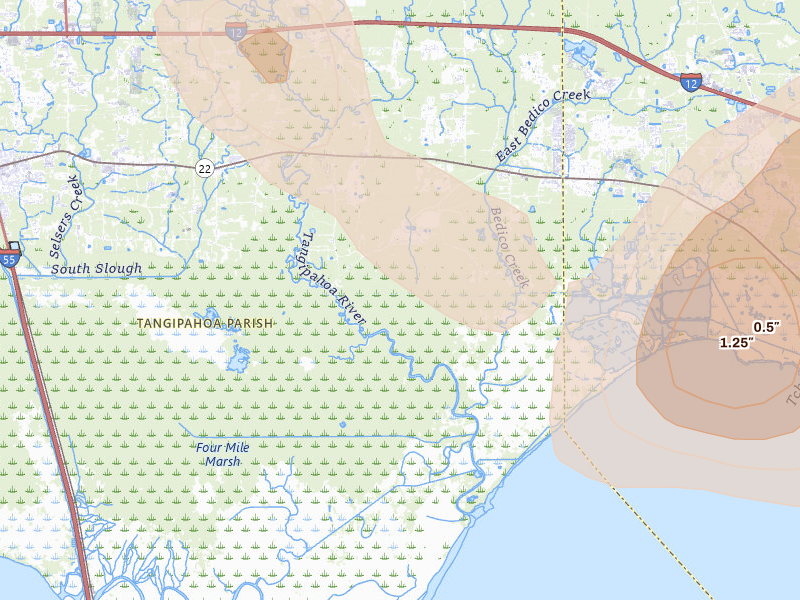 Radar-estimated hail-size map of the storm over Ponchatoula, LA on Aug 21, 2026