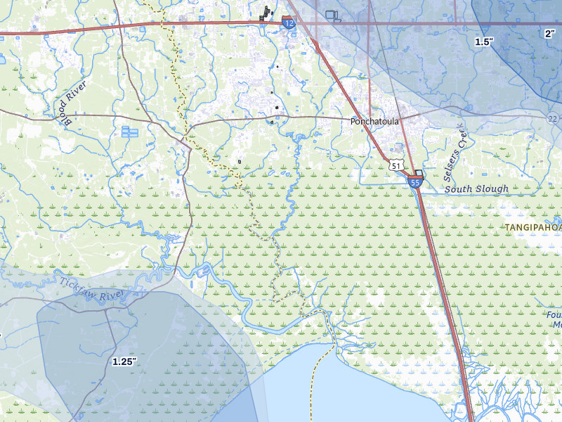 NEXRAD radar-signature map of the hail storm over Ponchatoula, LA on Aug 21, 2026