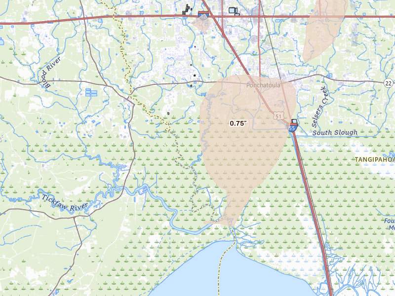 Radar-estimated hail-size map of the storm over Ponchatoula, LA on Aug 23, 2026