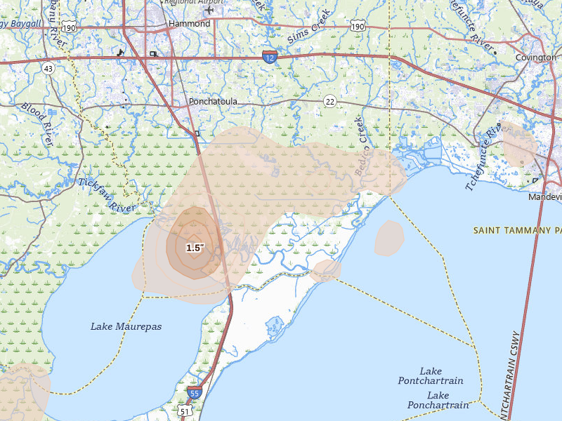 Radar-estimated hail-size map of the storm over Ponchatoula, LA on Aug 24, 2026