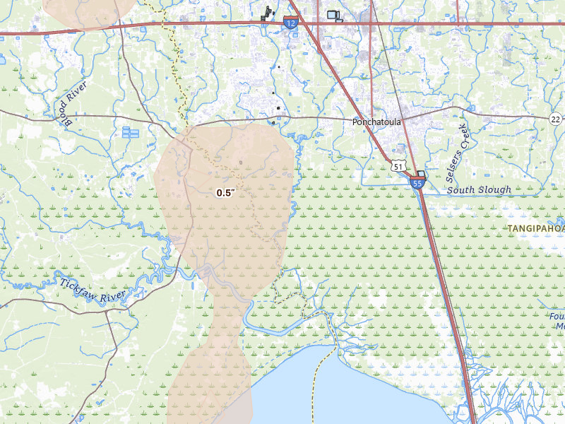 Radar-estimated hail-size map of the storm over Ponchatoula, LA on Aug 25, 2026