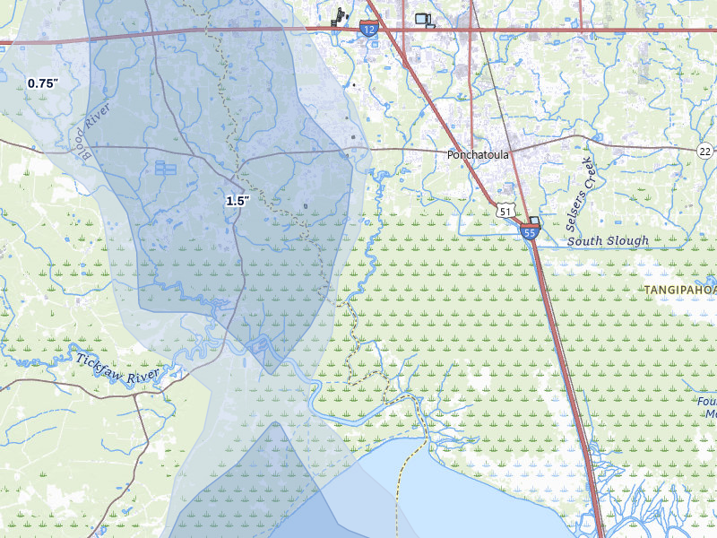 NEXRAD radar-signature map of the hail storm over Ponchatoula, LA on Aug 25, 2026