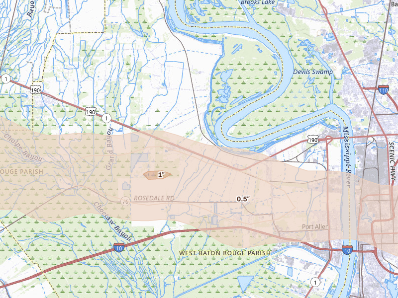 Radar-estimated hail-size map of the storm over Port Allen, LA on May 8, 2026