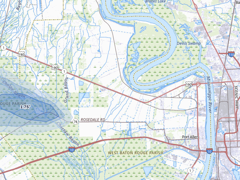 NEXRAD radar-signature map of the hail storm over Port Allen, LA on May 8, 2026