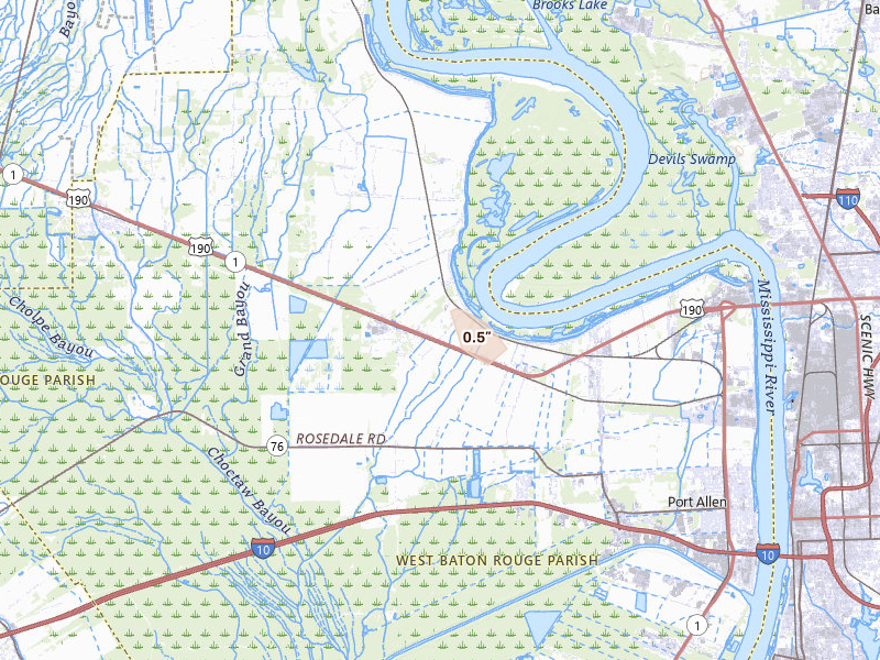 Radar-estimated hail-size map of the storm over Port Allen, LA on Jun 9, 2026