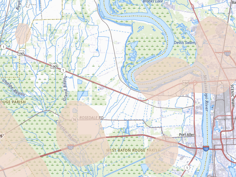 Radar-estimated hail-size map of the storm over Port Allen, LA on Jul 5, 2026