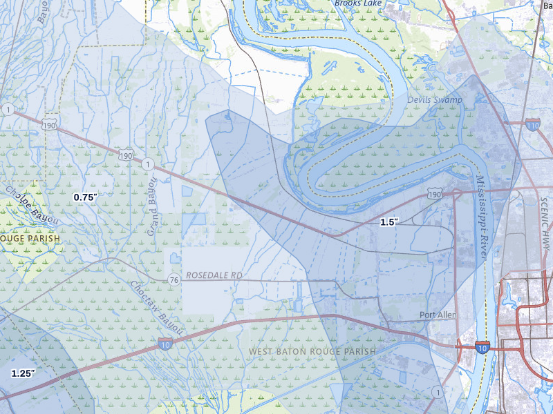 NEXRAD radar-signature map of the hail storm over Port Allen, LA on Jul 5, 2026