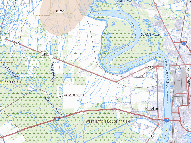 Radar-estimated hail-size map of the storm over Port Allen, LA on Jul 8, 2026