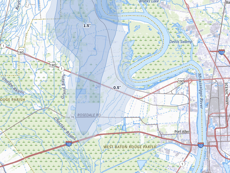 NEXRAD radar-signature map of the hail storm over Port Allen, LA on Jul 8, 2026