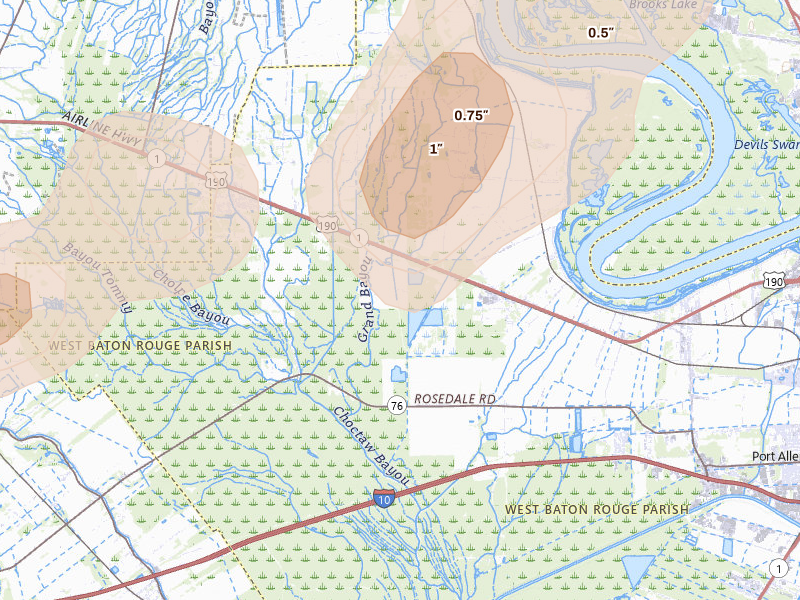 Radar-estimated hail-size map of the storm over Port Allen, LA on Aug 21, 2026