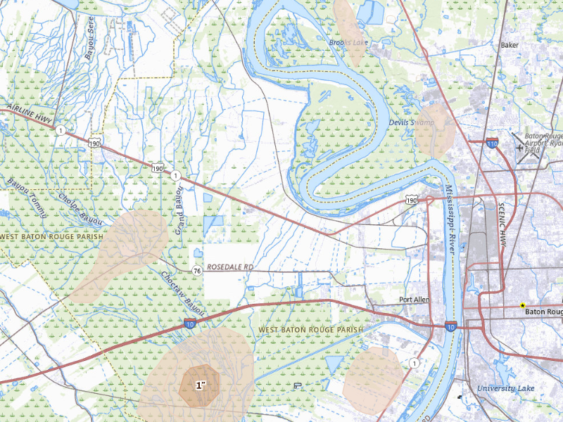 Radar-estimated hail-size map of the storm over Port Allen, LA