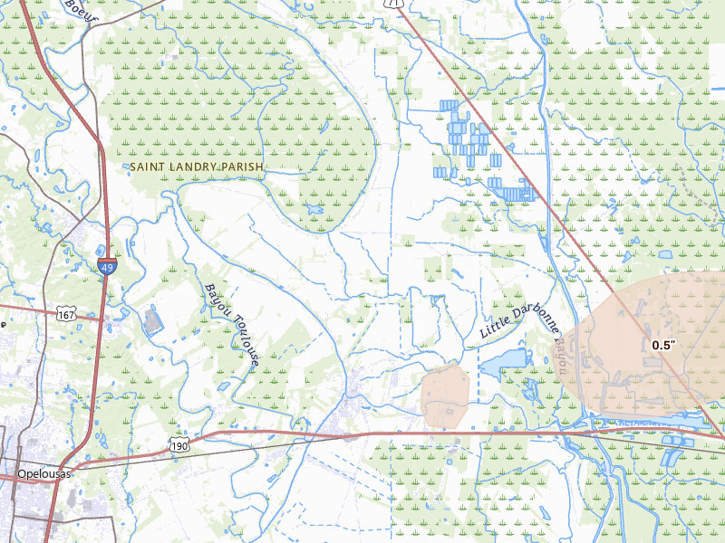 Radar-estimated hail-size map of the storm over Port Barre, LA on Mar 15, 2026
