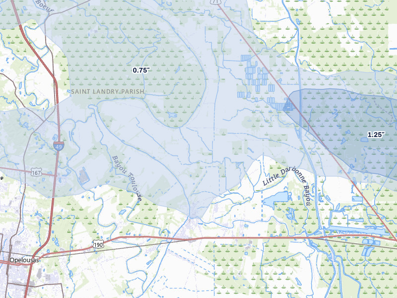 NEXRAD radar-signature map of the hail over Port Barre, LA